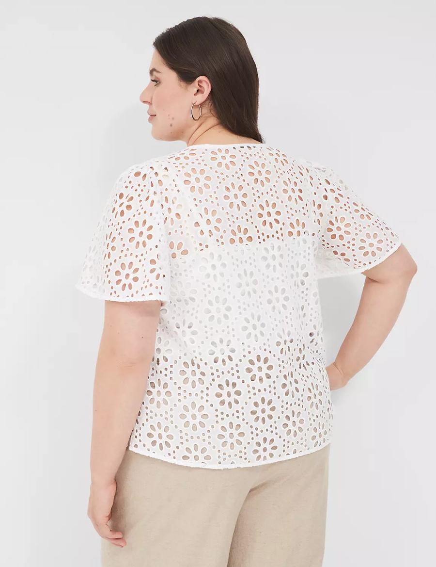 Women Lane Bryant Sheer Flutter-Sleeve Eyelet Top T Shirts White | NJN4120OL