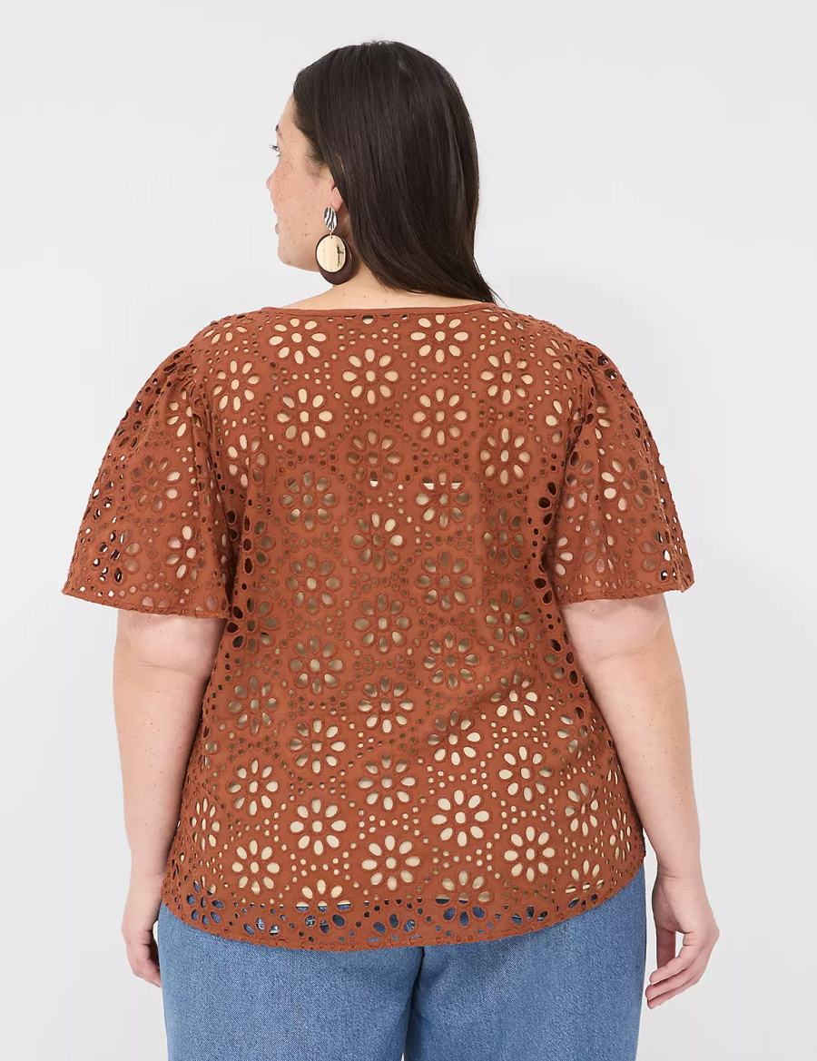 Women Lane Bryant Sheer Flutter-Sleeve Eyelet Top T Shirts Brown | BOI5258DW