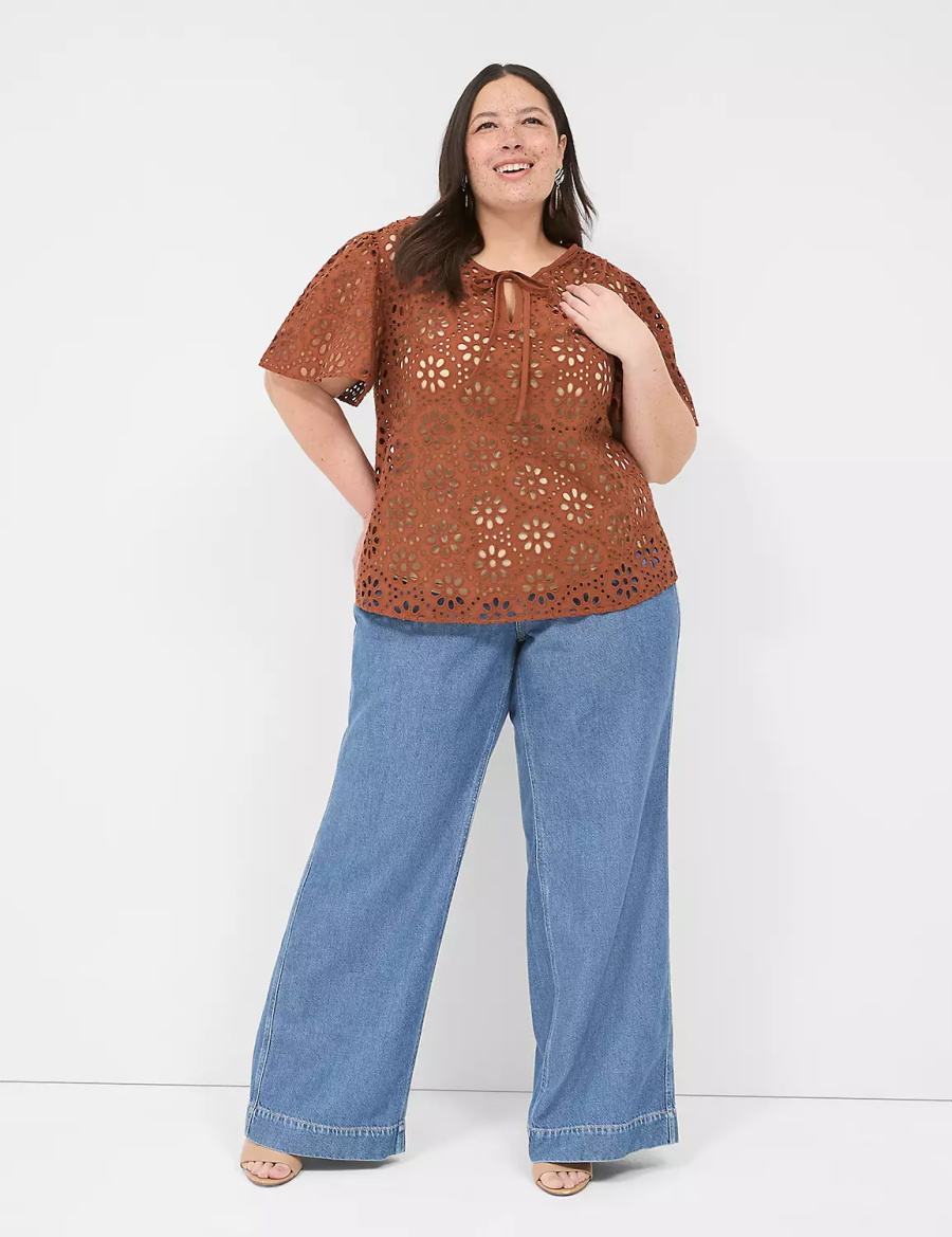 Women Lane Bryant Sheer Flutter-Sleeve Eyelet Top T Shirts Brown | BOI5258DW