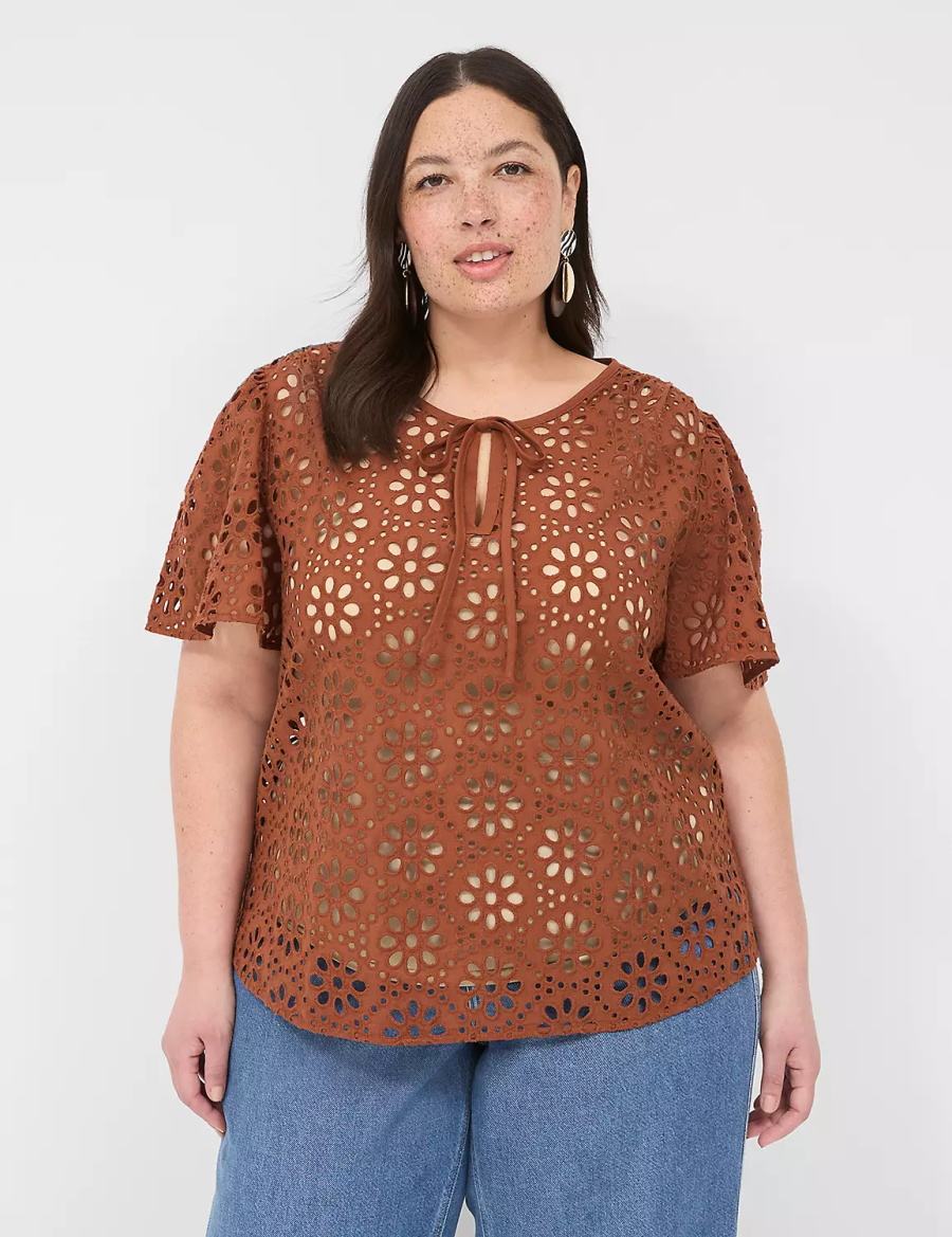 Women Lane Bryant Sheer Flutter-Sleeve Eyelet Top T Shirts Brown | BOI5258DW