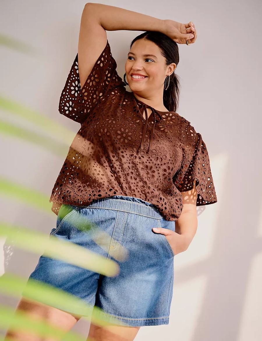 Women Lane Bryant Sheer Flutter-Sleeve Eyelet Top T Shirts Brown | BOI5258DW