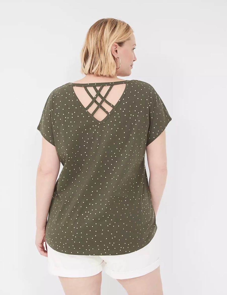 Women Lane Bryant Shimmer Foil Strappy-Back Tee T Shirts Green | LZJ5748YC