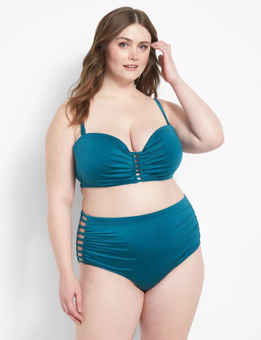 Women Lane Bryant Shimmer Strappy Ruched-Side Swim Briefs Blue | QEI6068LJ