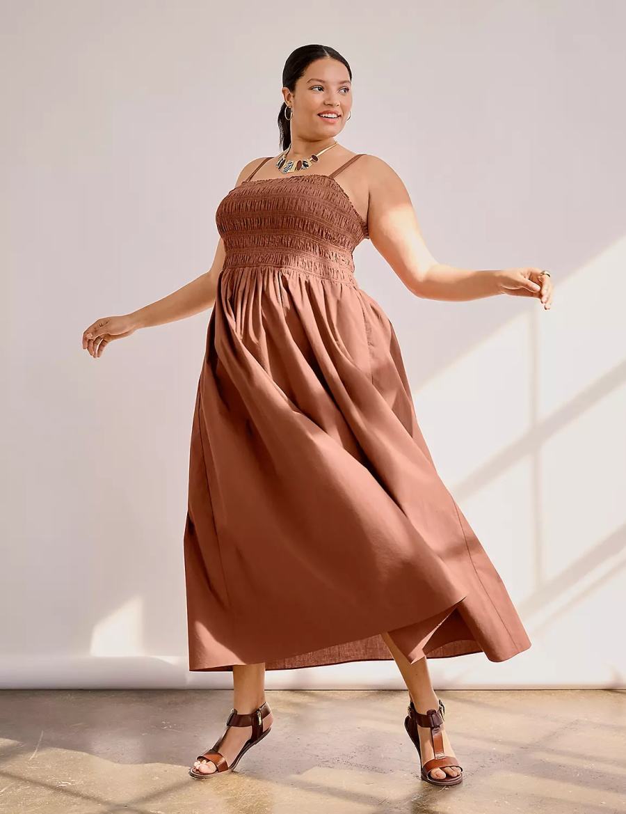 Women Lane Bryant Shirred-Bodice Square-Neck Maxi Dress Brown | AZY434II