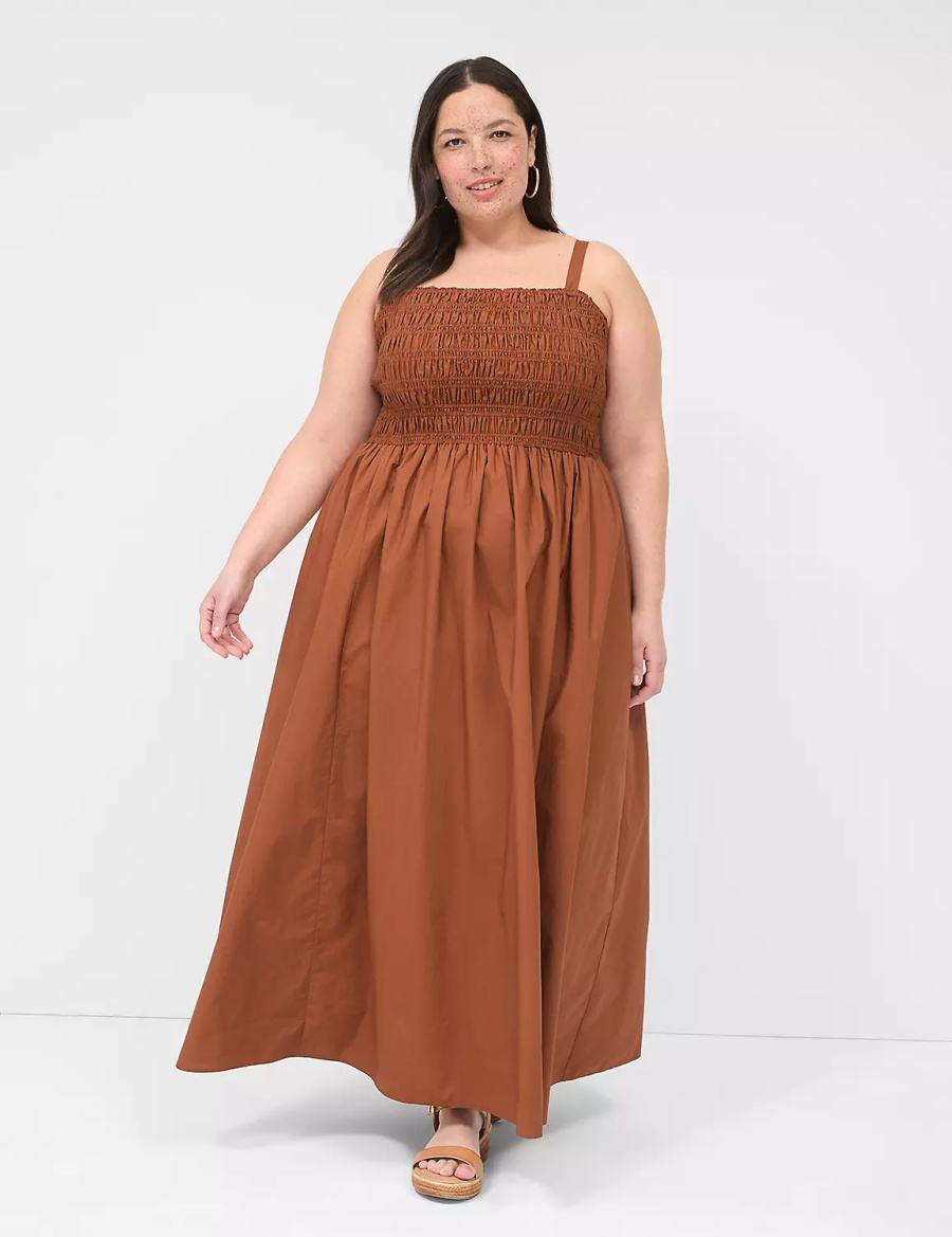 Women Lane Bryant Shirred-Bodice Square-Neck Maxi Dress Brown | AZY434II