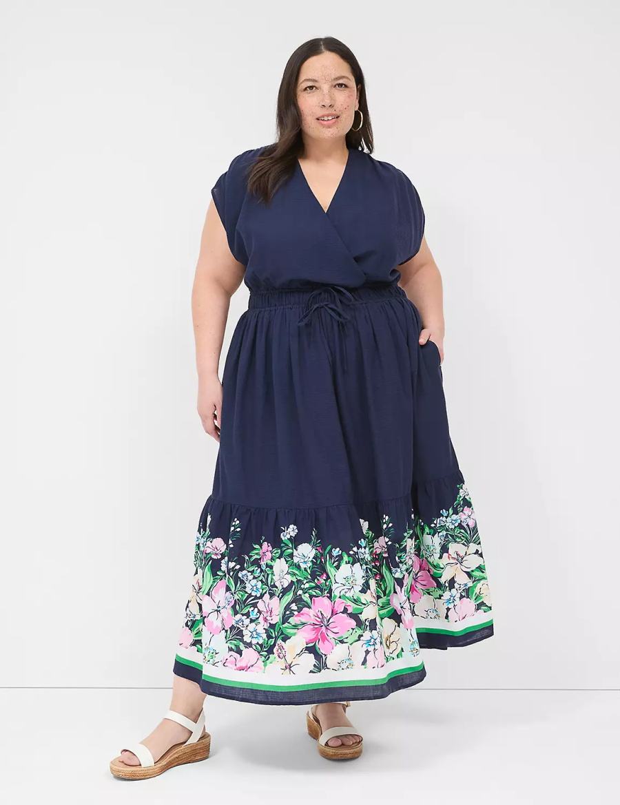 Women Lane Bryant Shirred-Shoulder Double-Waist Maxi Dress Dark Blue | VLM1094GA