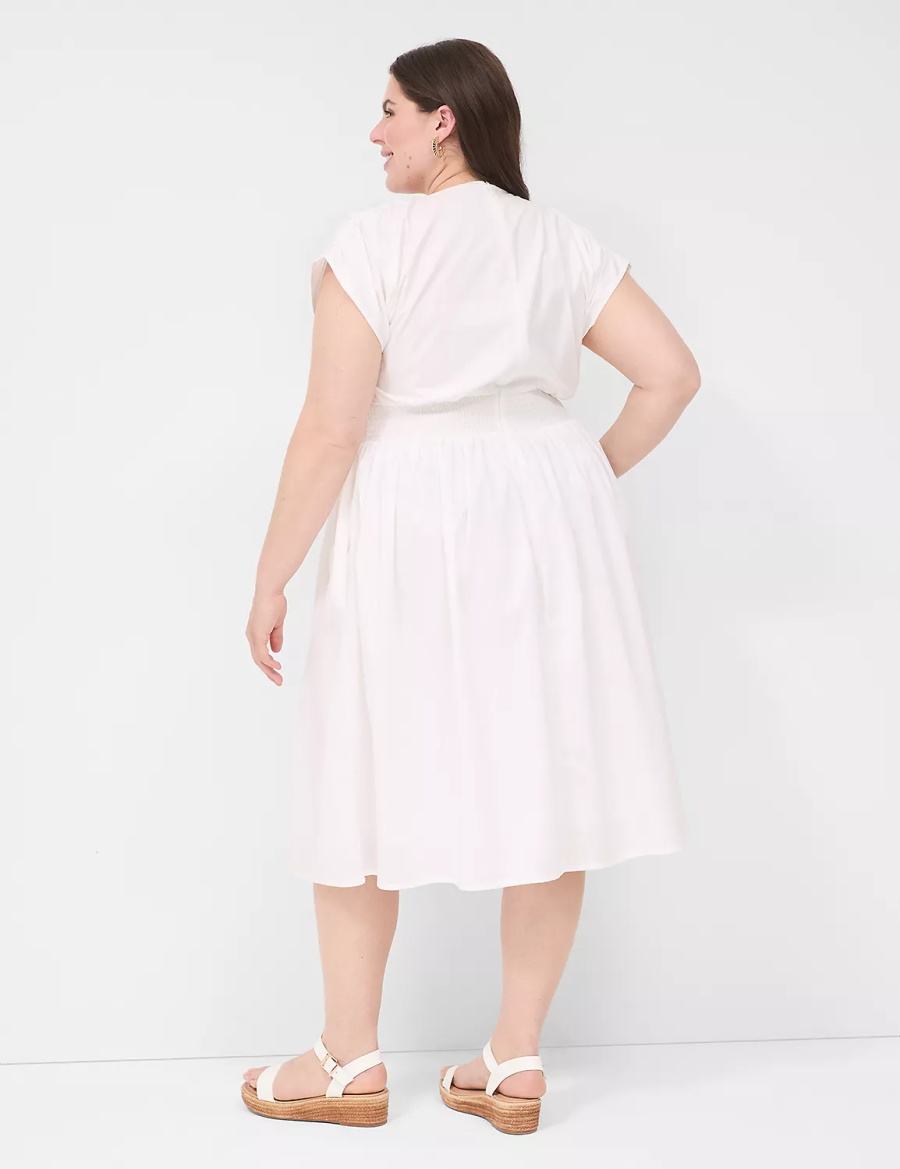 Women Lane Bryant Shirred-Shoulder Smocked-Waist Midi Dress White | RXA2031XQ