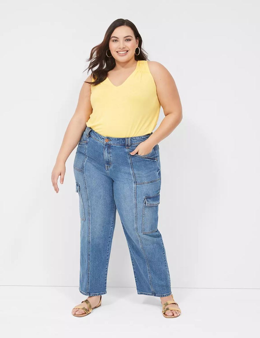 Women Lane Bryant Shirred-Shoulder V-Neck Tank Top Yellow | ELD3724OZ