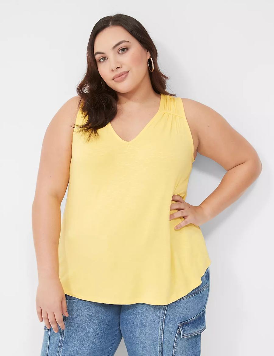 Women Lane Bryant Shirred-Shoulder V-Neck Tank Top Yellow | ELD3724OZ