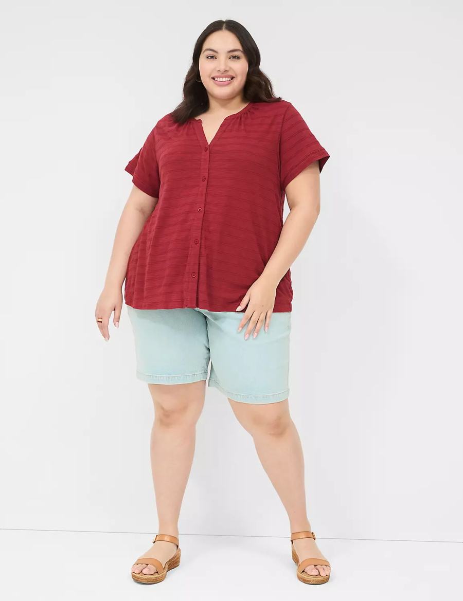 Women Lane Bryant Short-Sleeve Button-Down Top T Shirts Deep Red | JTF829WN