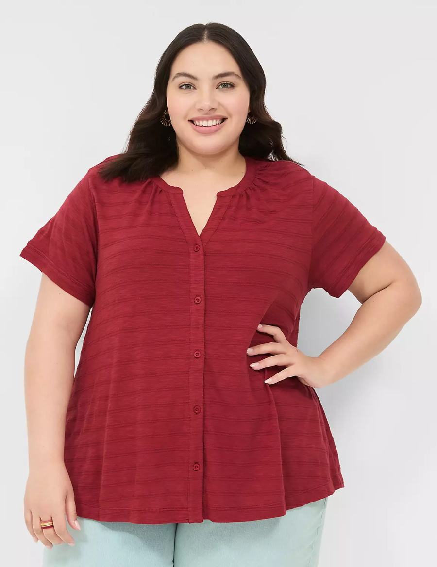 Women Lane Bryant Short-Sleeve Button-Down Top T Shirts Deep Red | JTF829WN