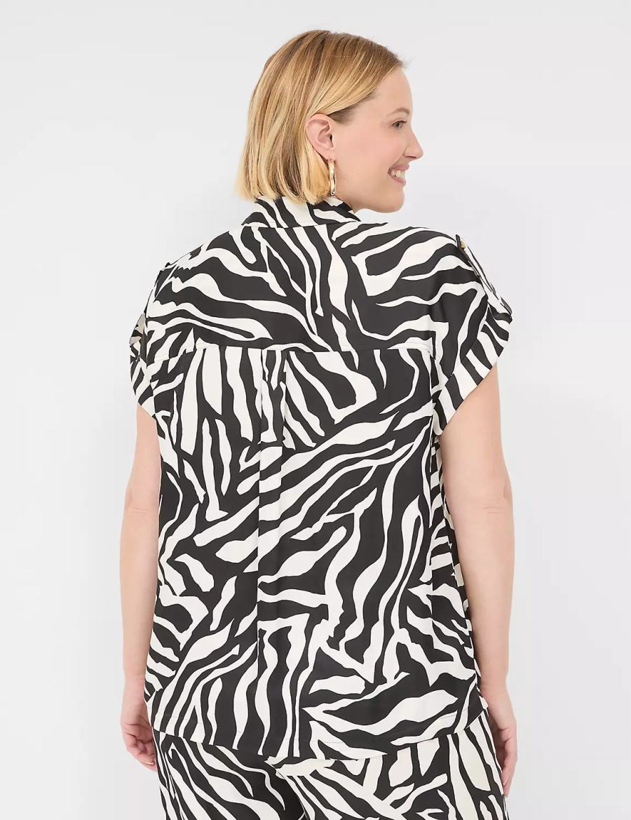 Women Lane Bryant Short-Sleeve Collared Safari Shirts White Black | FQH9355TN