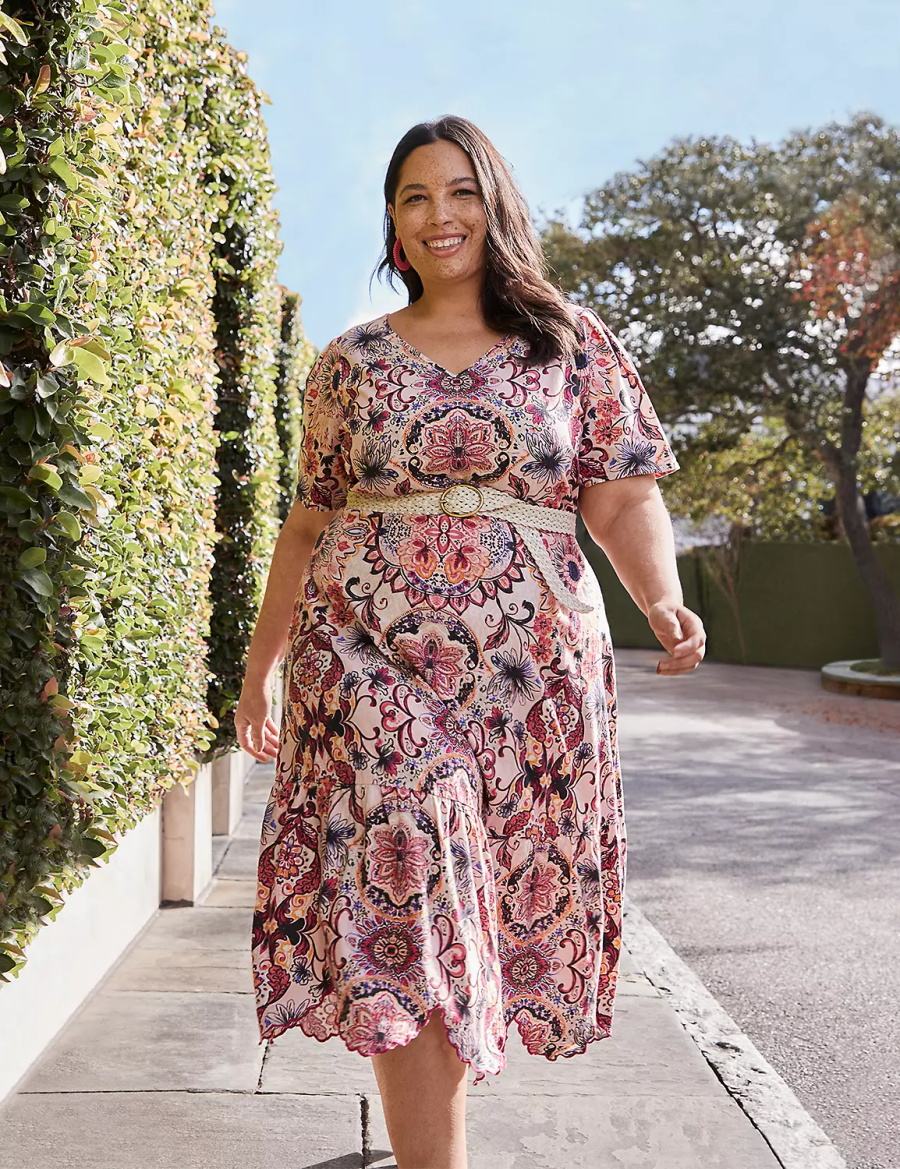 Women Lane Bryant Short-Sleeve Scallop-Hem Midi Dress Multicolor | EJQ1378PF