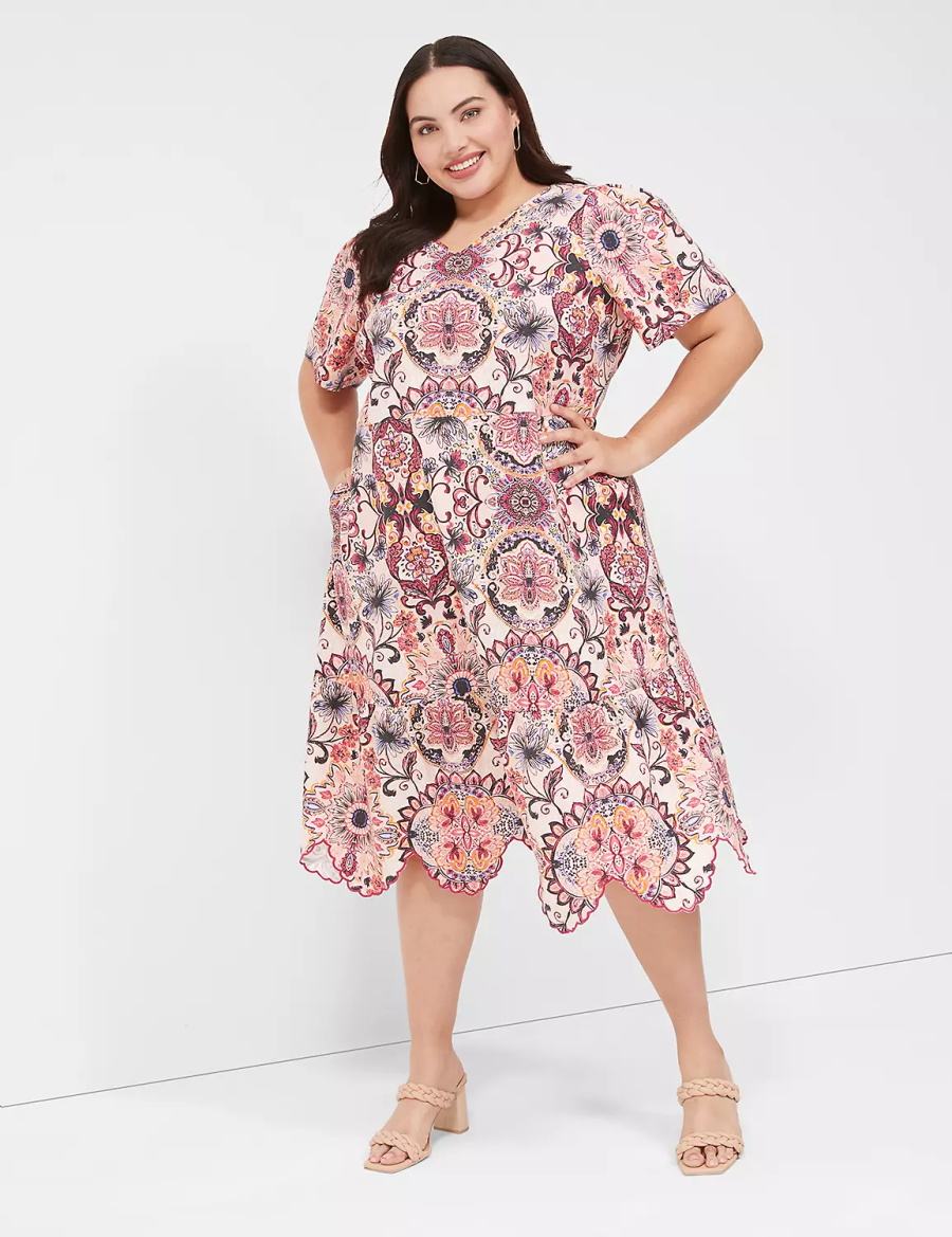 Women Lane Bryant Short-Sleeve Scallop-Hem Midi Dress Multicolor | EJQ1378PF