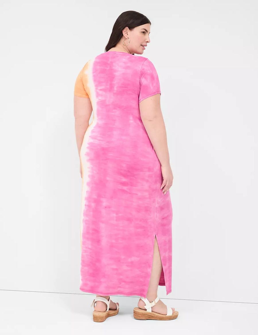 Women Lane Bryant Short-Sleeve Side-Slit Tie Dye Maxi Dress Pink Orange | HCM265WC