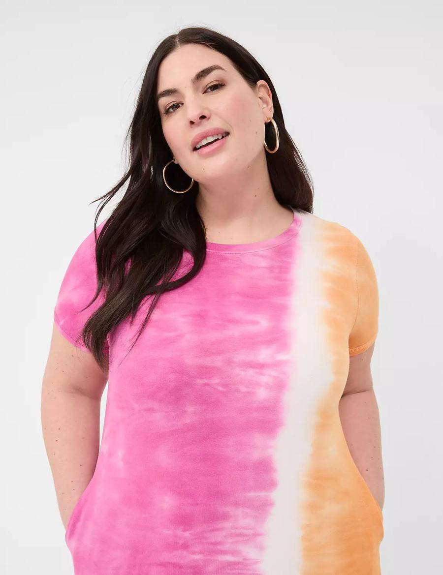 Women Lane Bryant Short-Sleeve Side-Slit Tie Dye Maxi Dress Pink Orange | HCM265WC