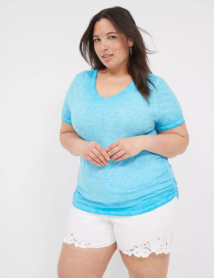 Women Lane Bryant Short-Sleeve V-Neck Side-Ruched Tee T Shirts Blue | OBE3598EH