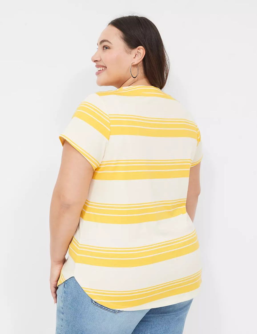 Women Lane Bryant Short Sleeve V-Neck Top T Shirts Yellow Stripes | VHM5445LW