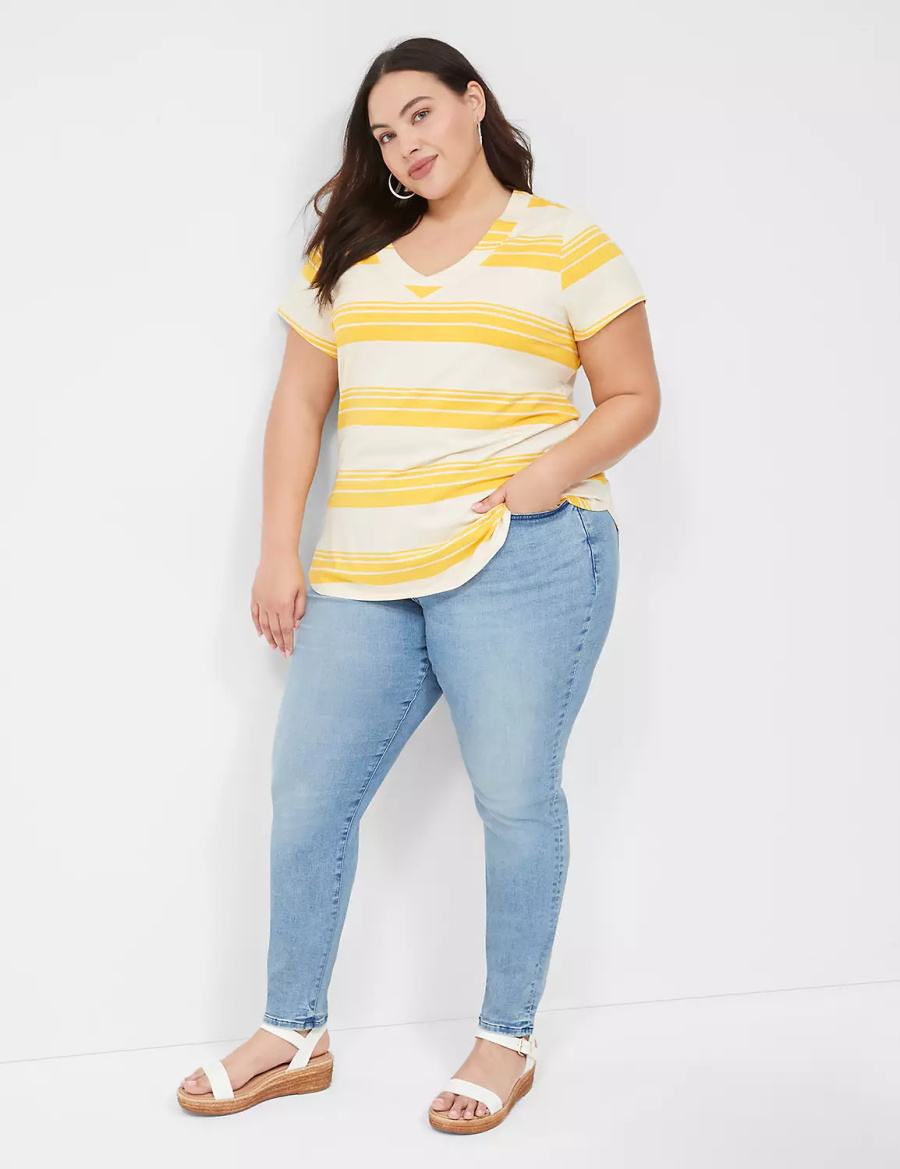 Women Lane Bryant Short Sleeve V-Neck Top T Shirts Yellow Stripes | VHM5445LW