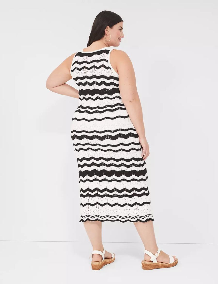 Women Lane Bryant Sleeveless Chevron Stripe Sweater Knitted Dress Black White Stripes | CRJ4763RR