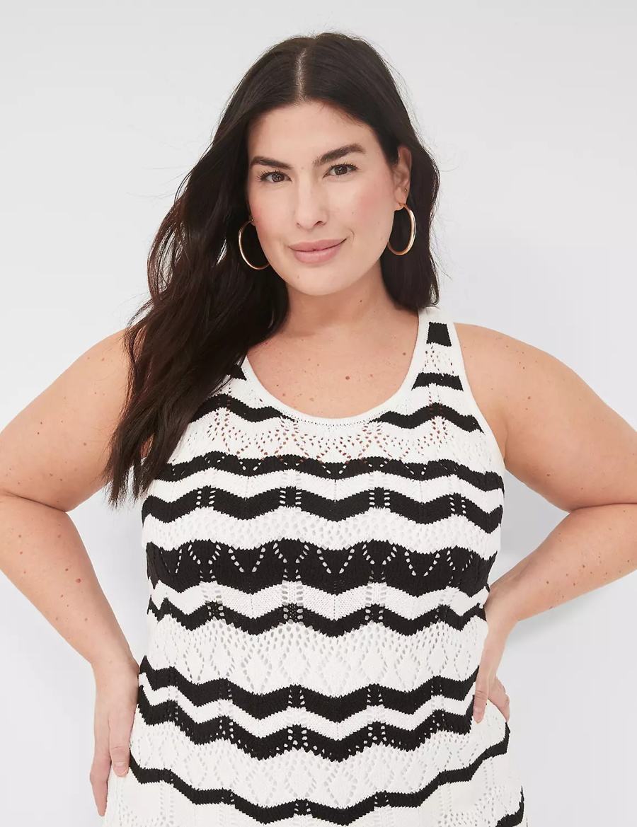 Women Lane Bryant Sleeveless Chevron Stripe Sweater Knitted Dress Black White Stripes | CRJ4763RR