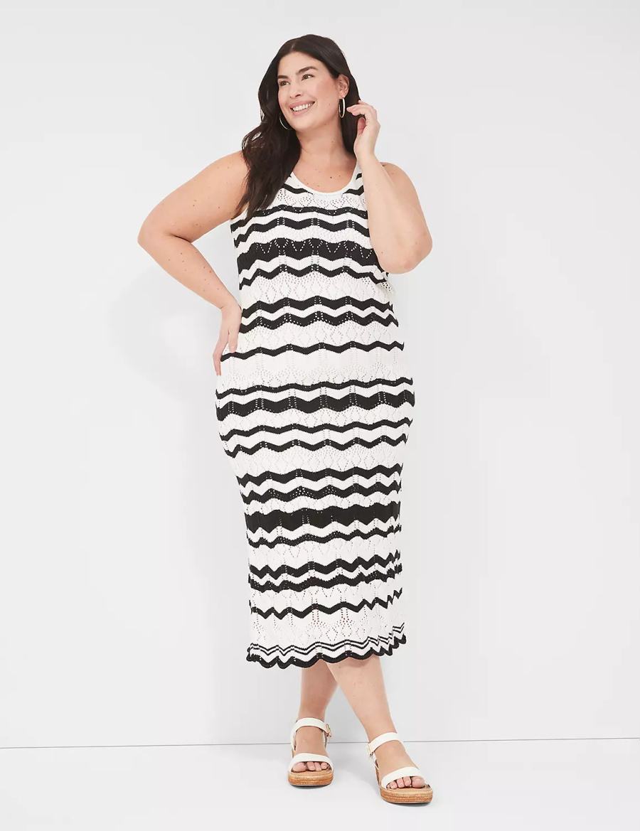 Women Lane Bryant Sleeveless Chevron Stripe Sweater Knitted Dress Black White Stripes | CRJ4763RR