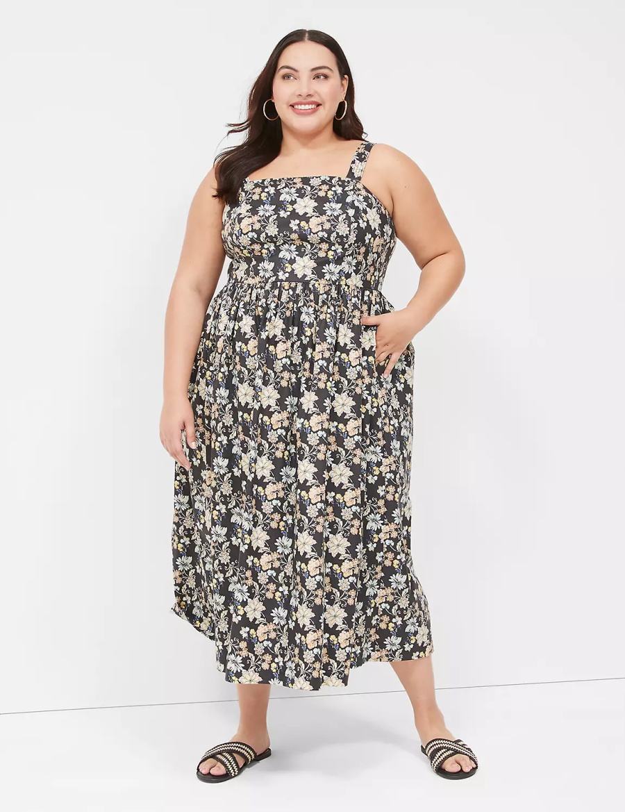 Women Lane Bryant Smocked-Back Pleated Midi Dress Yellow Black | LEA9040FG