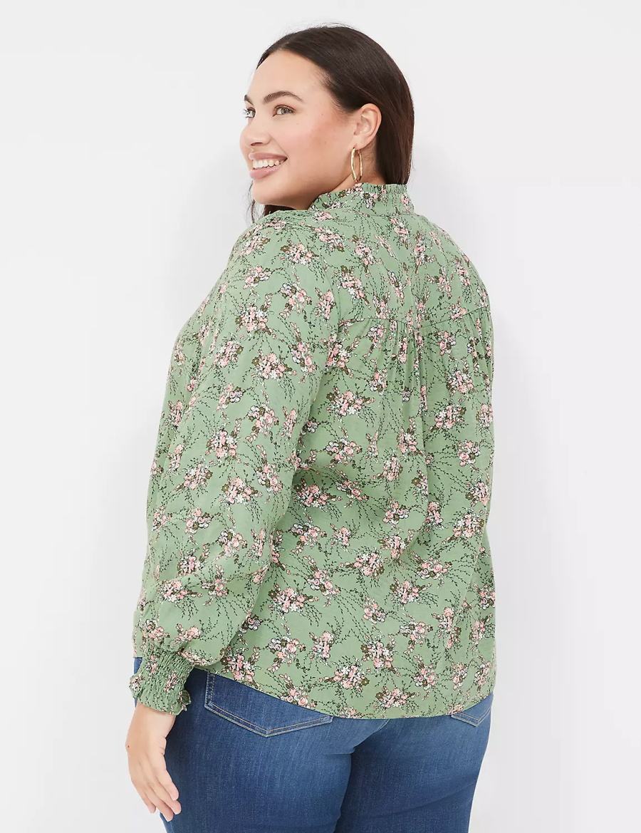 Women Lane Bryant Smocked Shoulder & Cuff Popover Blouse Green | NGO985ZF