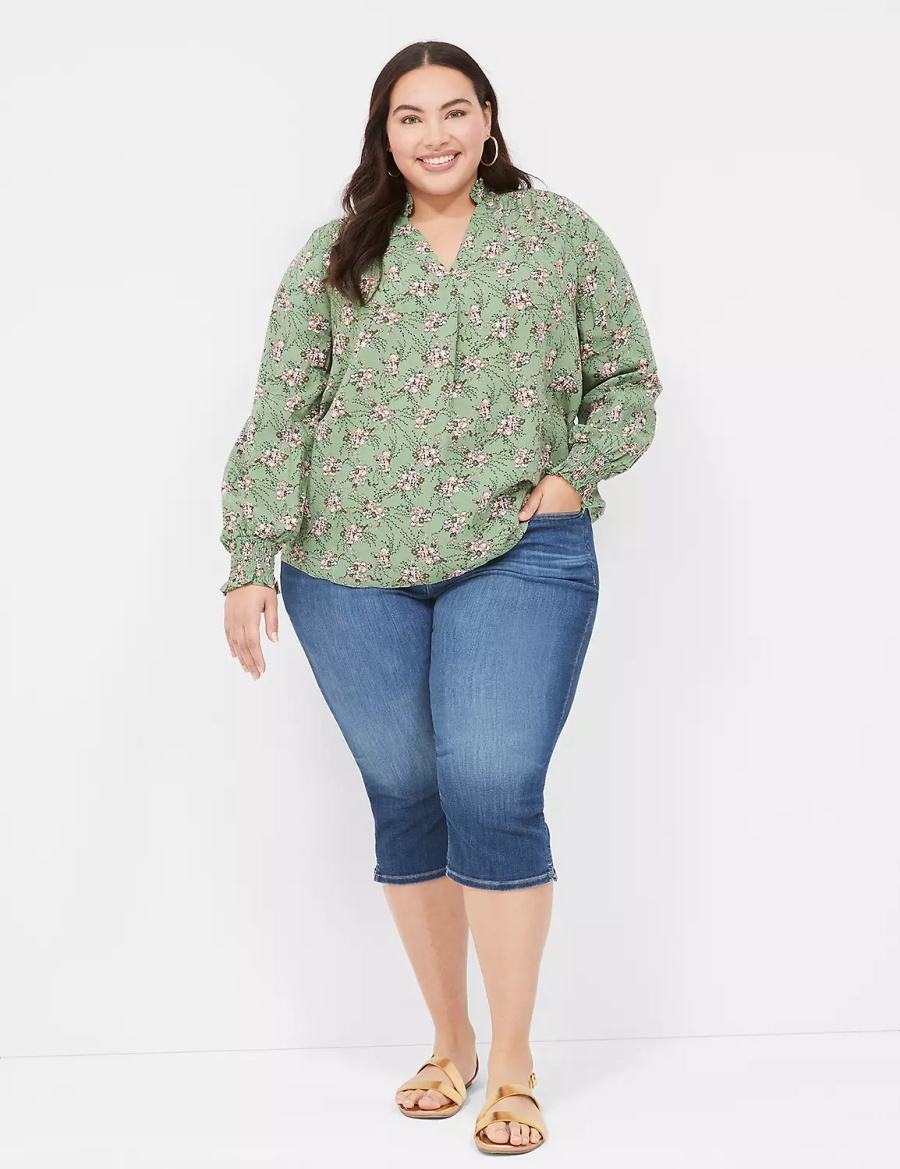 Women Lane Bryant Smocked Shoulder & Cuff Popover Blouse Green | NGO985ZF