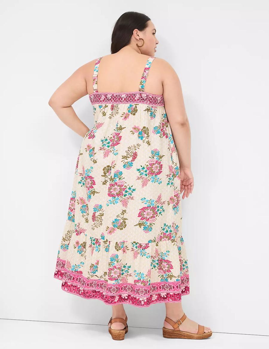 Women Lane Bryant Smocked Square-Neck Maxi Dress White Multicolor | PMO938IS