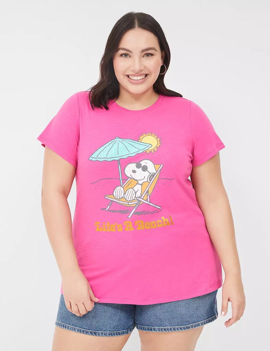 Women Lane Bryant Snoopy Surf Glitter Graphic Tee T Shirts Pink | OPG1257MO