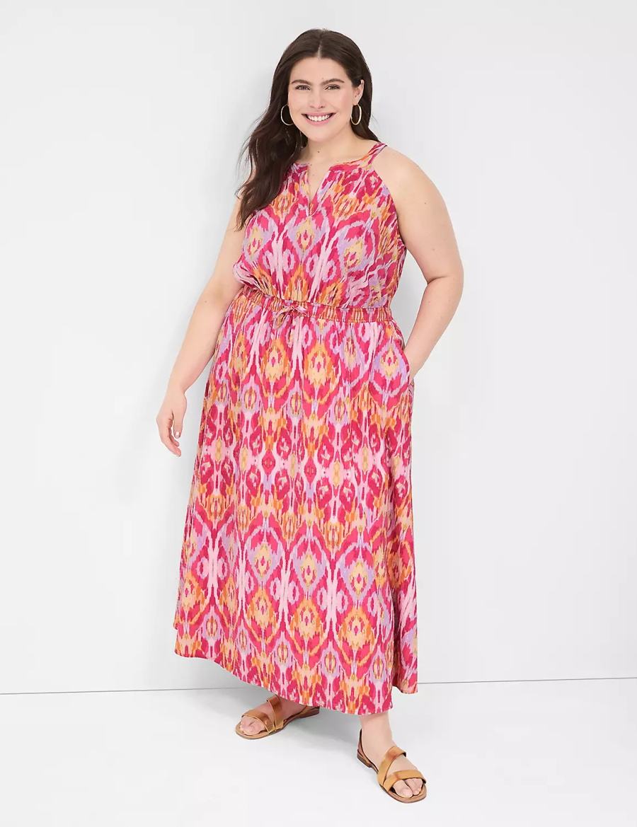 Women Lane Bryant Split-Neck Tie-Waist Maxi Dress Pink | SGS2547UD