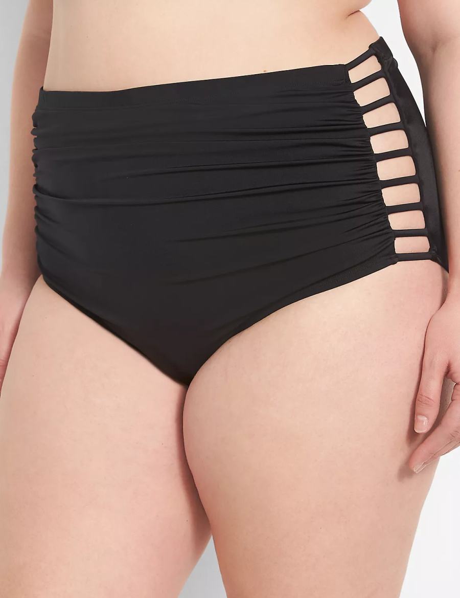 Women Lane Bryant Strappy Ruched-Side High-Waist Swim Briefs Black | CUV2413UZ