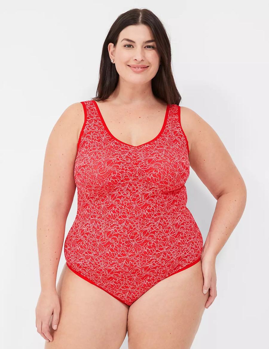 Women Lane Bryant Stretch Lace Cross-Dyed Bodysuit Red | PWA2886FZ