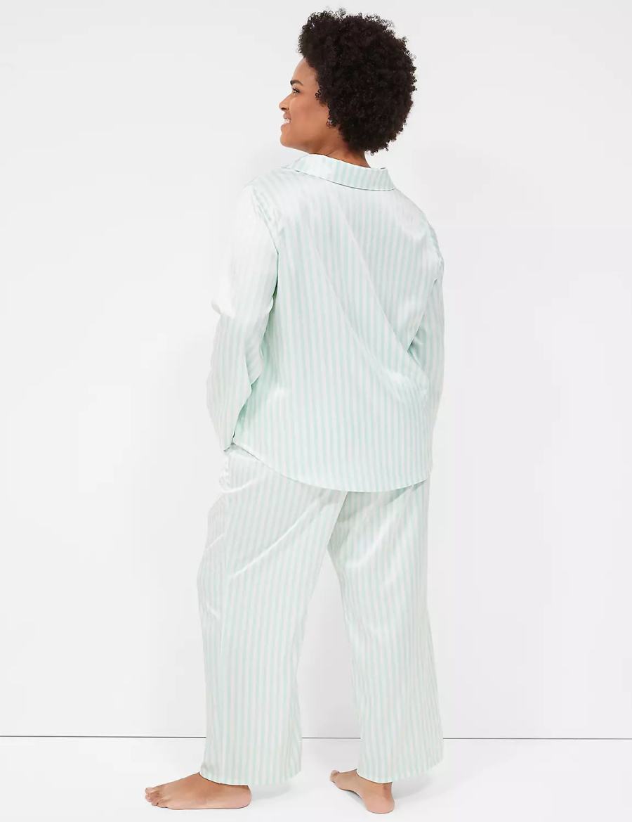 Women Lane Bryant Stretch Satin Shirt & Pant PJ Set Pajamas Green Stripes | ONT8783YJ