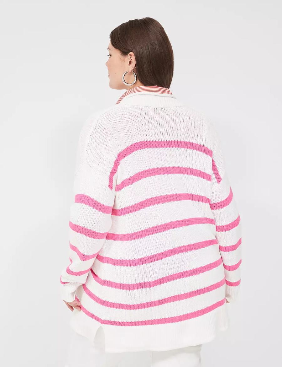 Women Lane Bryant Striped Open-Front Cardigan Pink White Stripes | VVF9710JZ