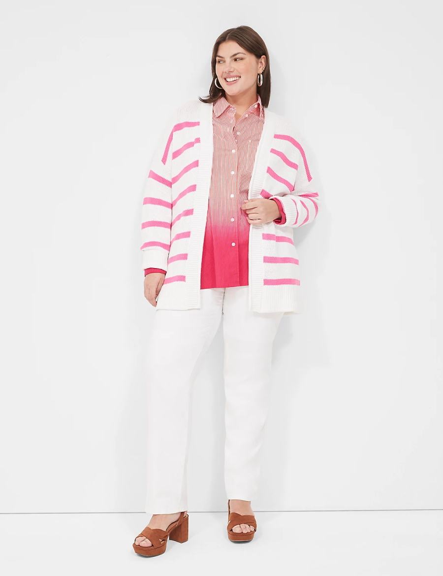 Women Lane Bryant Striped Open-Front Cardigan Pink White Stripes | VVF9710JZ