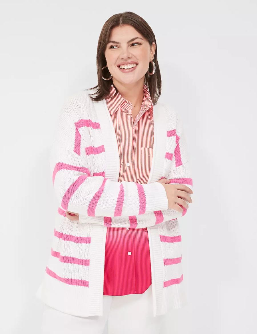 Women Lane Bryant Striped Open-Front Cardigan Pink White Stripes | VVF9710JZ