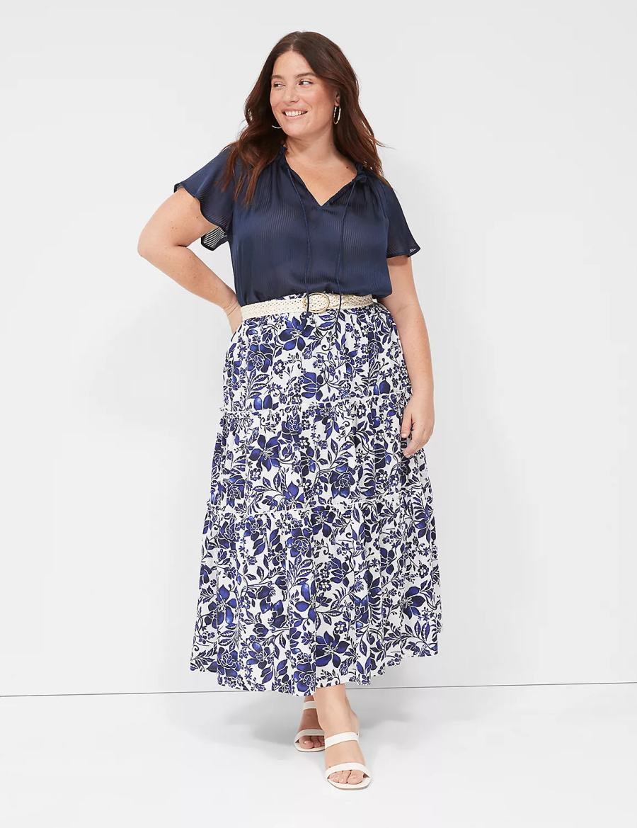 Women Lane Bryant Swing Cap-Sleeve Tie-Front Blouse Blue | ODV93100CJ