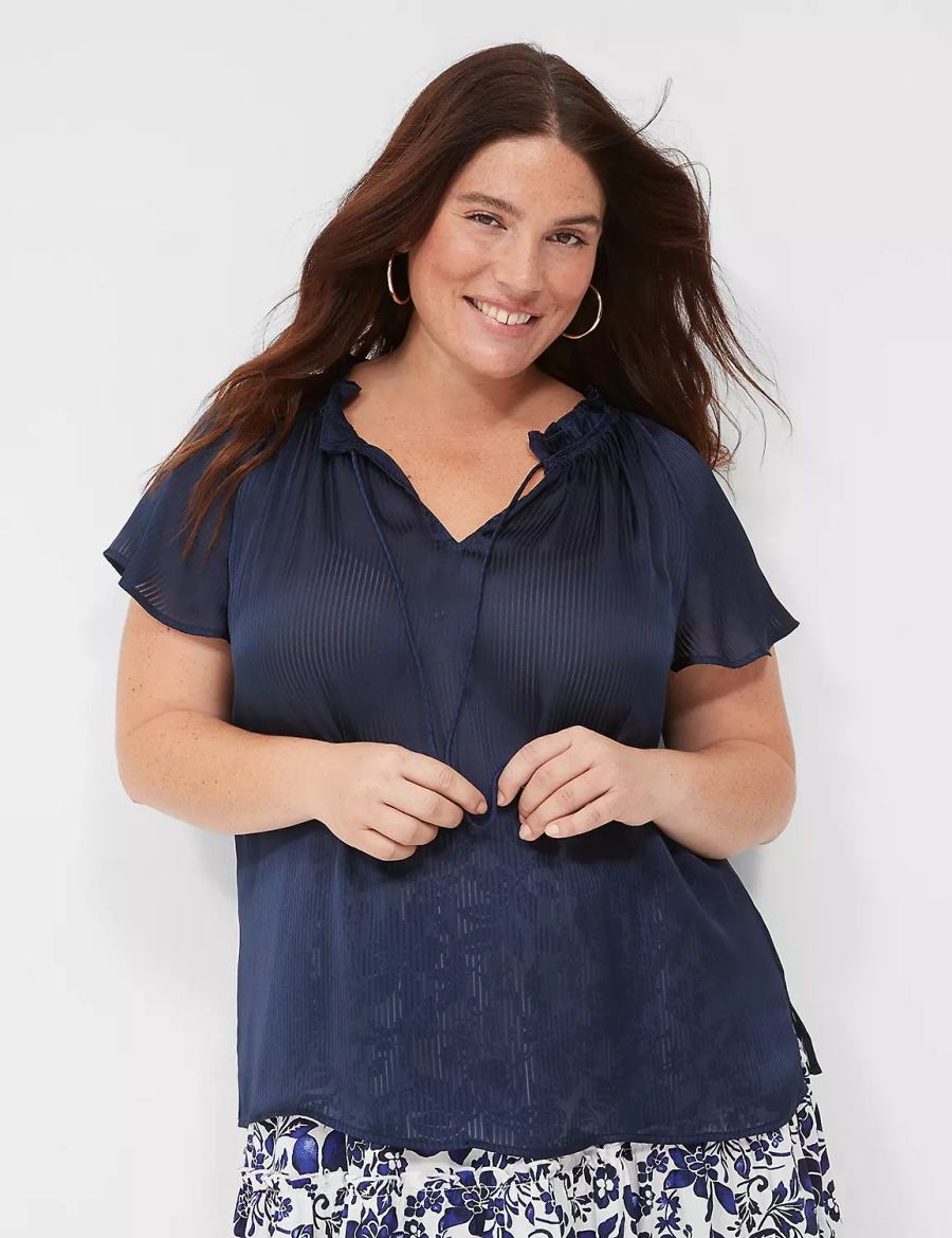 Women Lane Bryant Swing Cap-Sleeve Tie-Front Blouse Blue | ODV93100CJ