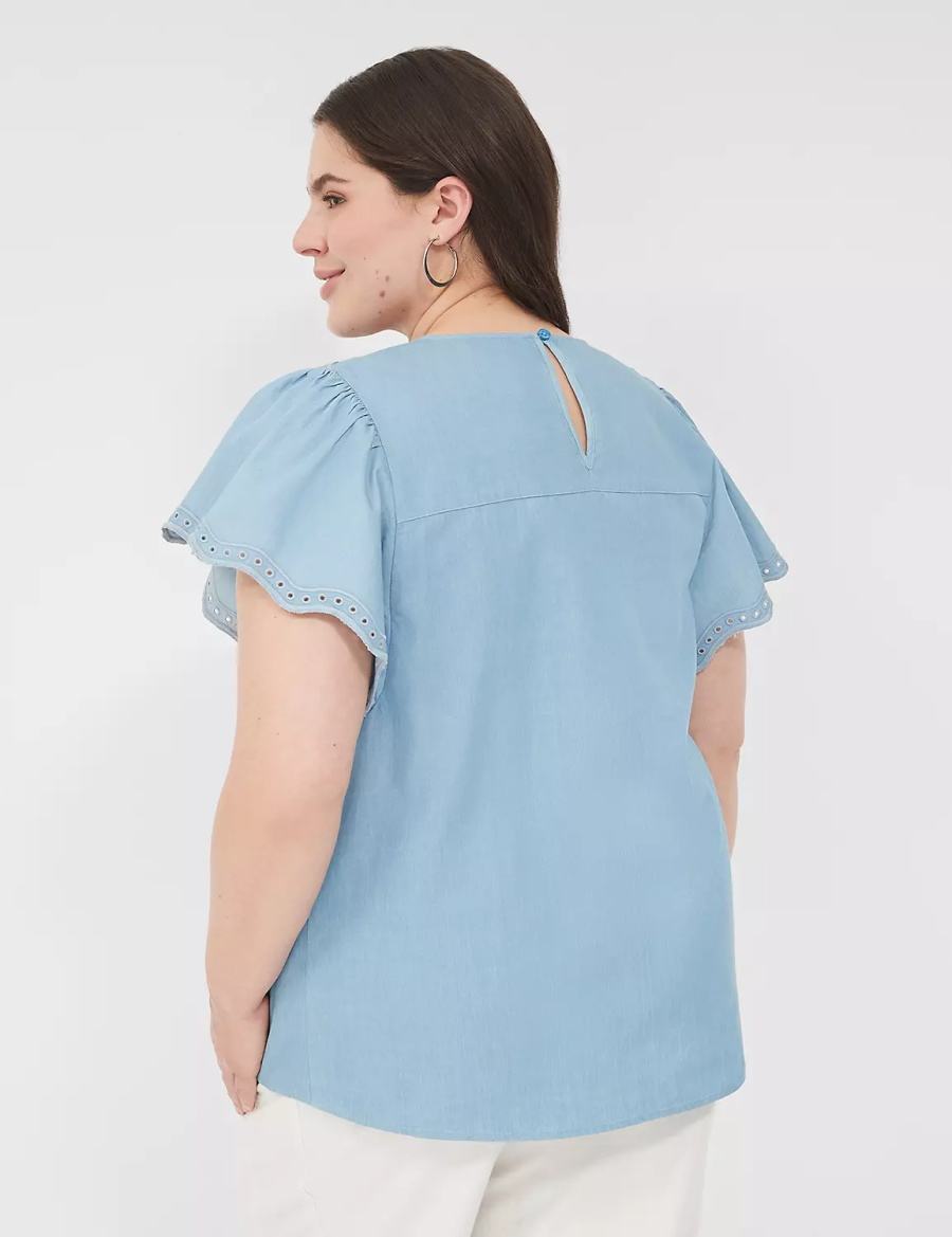 Women Lane Bryant Swing Eyelet-Trim Popover Blouse Blue | WSS9738WA