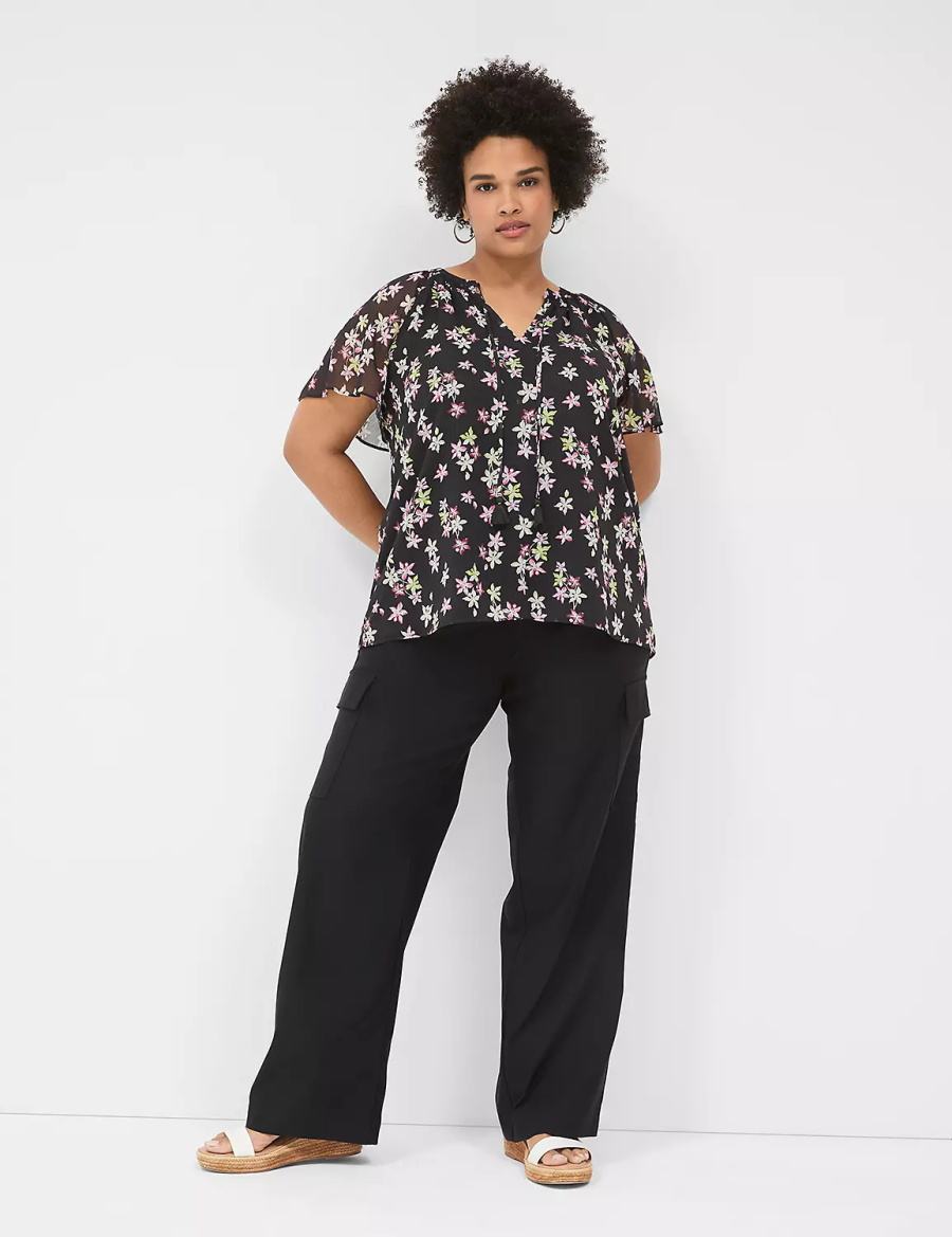 Women Lane Bryant Swing Flutter-Sleeve Popover Blouse Black Multicolor | XTL6861JE