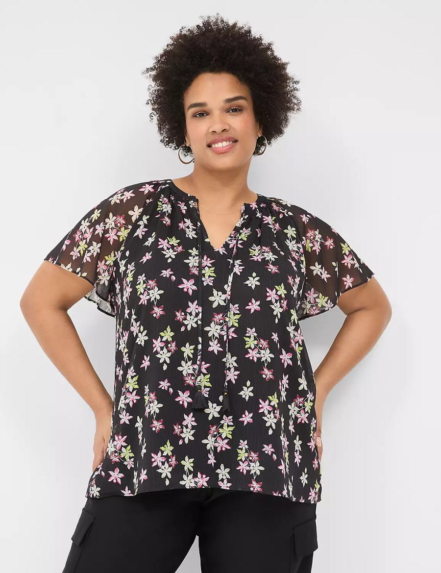 Women Lane Bryant Swing Flutter-Sleeve Popover Blouse Black Multicolor | XTL6861JE