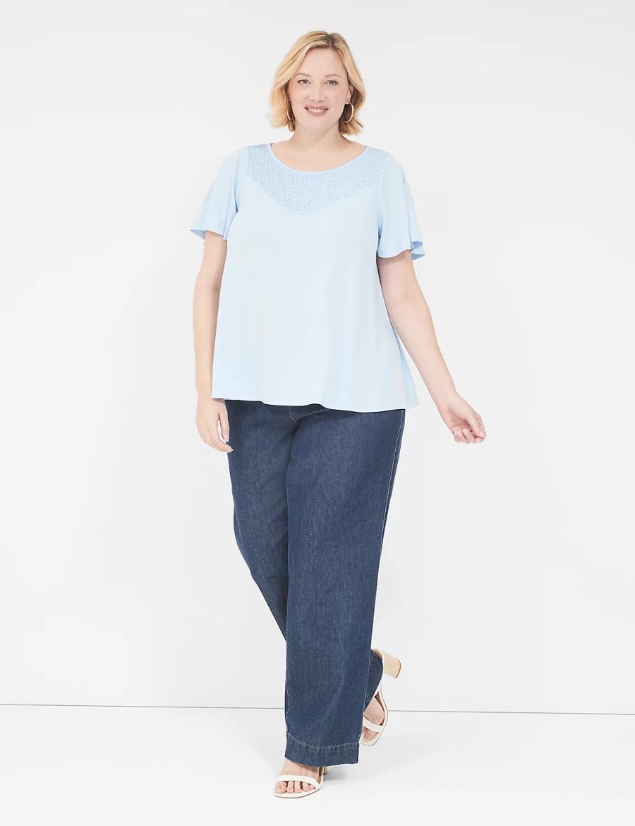 Women Lane Bryant Swing Flutter-Sleeve Smocked-Yoke Top T Shirts Blue | OOR3428XT