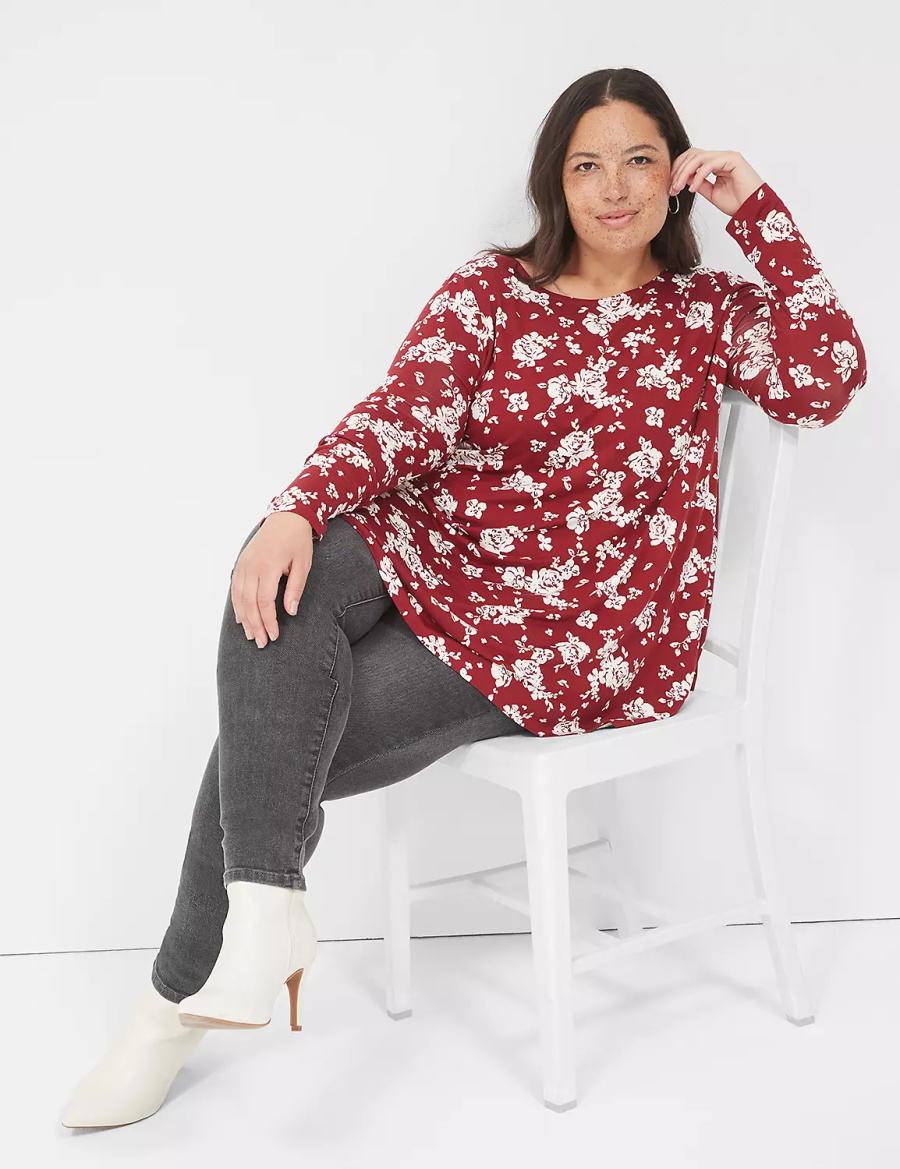 Women Lane Bryant Swing Long-Sleeve Crew-Neck Tee T Shirts Red White | GZS6639FZ