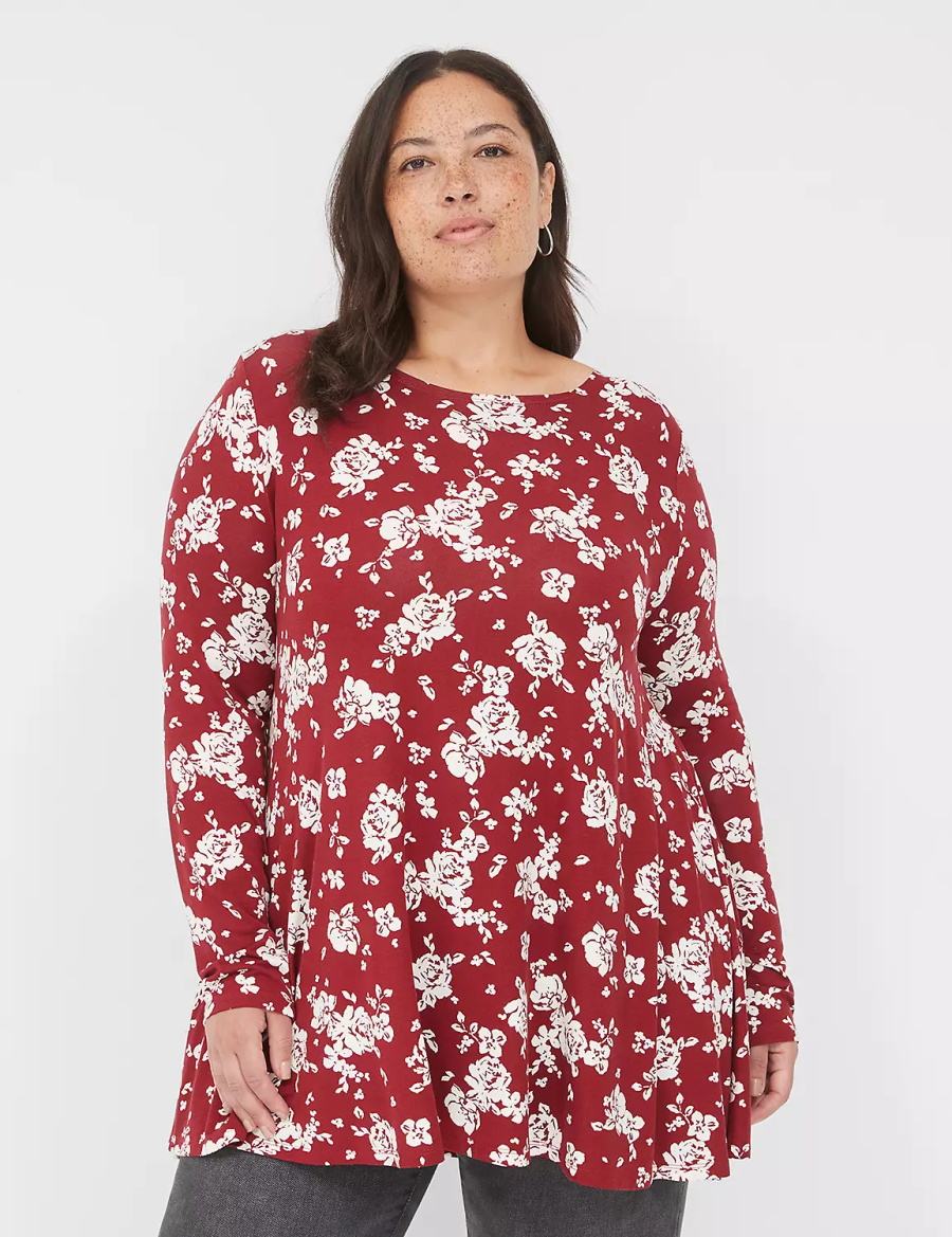 Women Lane Bryant Swing Long-Sleeve Crew-Neck Tee T Shirts Red White | GZS6639FZ