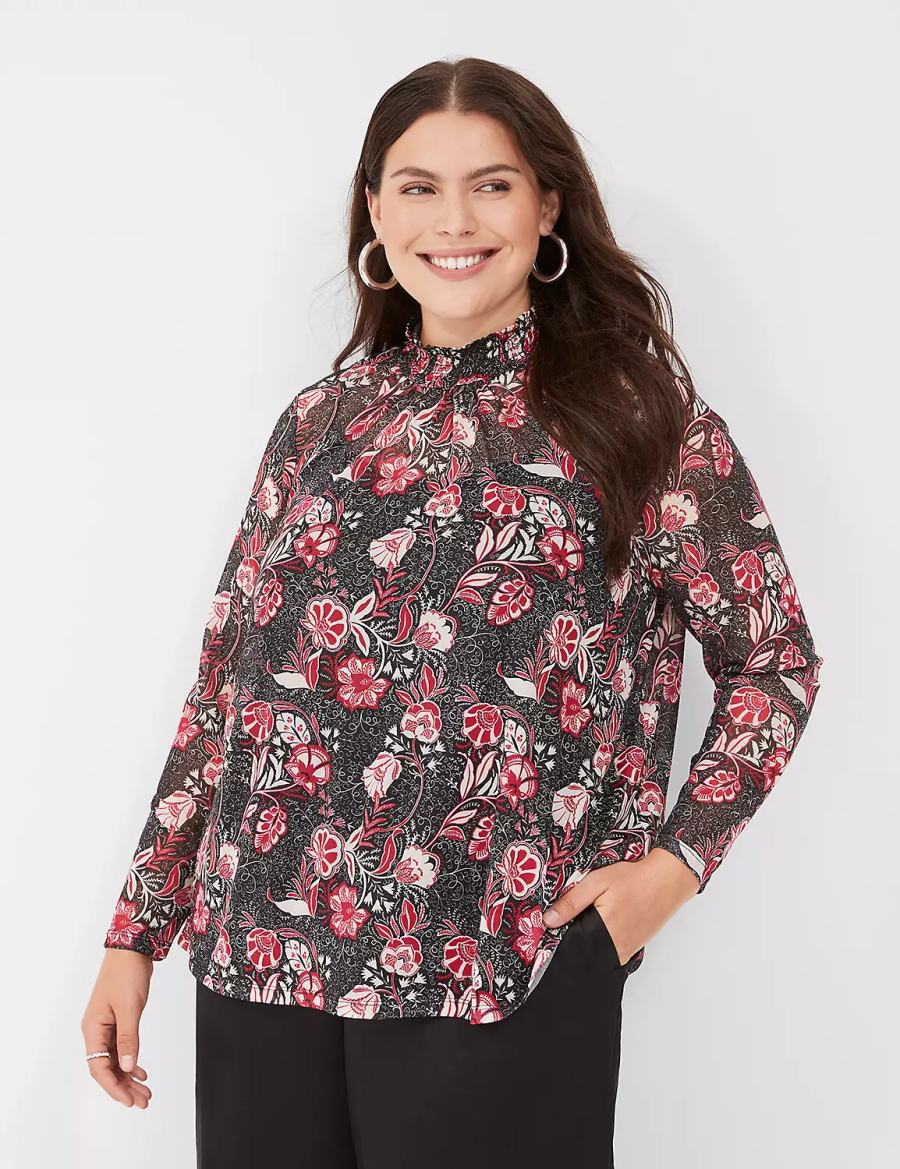 Women Lane Bryant Swing Smocked-Neck Top With Attached Cami Blouse Red White Black | SWP6623PZ