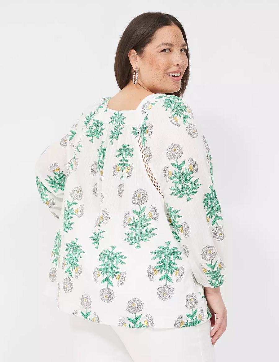 Women Lane Bryant Swing Square-Neck Peasant Blouse White Green | HQM6943AJ