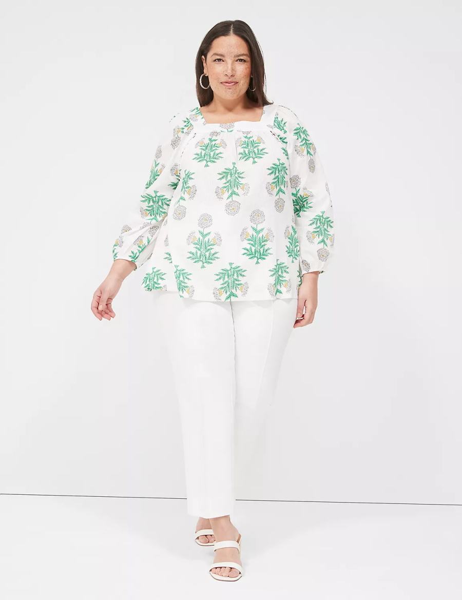 Women Lane Bryant Swing Square-Neck Peasant Blouse White Green | HQM6943AJ