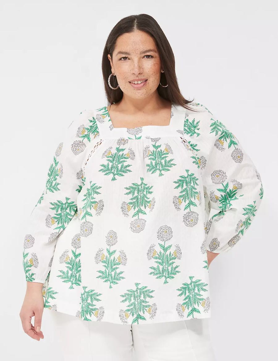 Women Lane Bryant Swing Square-Neck Peasant Blouse White Green | HQM6943AJ